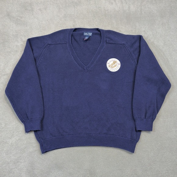 Vintage Lands End Drifter Sweater Mens Large Navy Blue V-Neck Cotton Olan Mills — photo 2